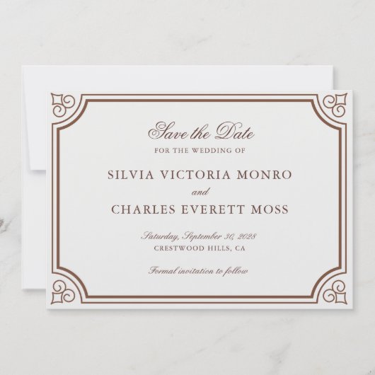 Classic Elegant Bruin & Ecru Bruiloft Save the Dat Kaart (Voorkant)