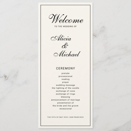 Classic elegant calligraphy black ivory wedding programmakaart (Voorkant)