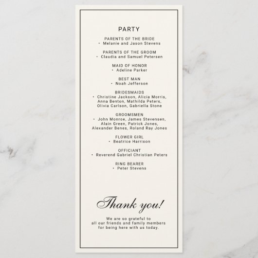 Classic elegant calligraphy black ivory wedding programmakaart (Achterkant)