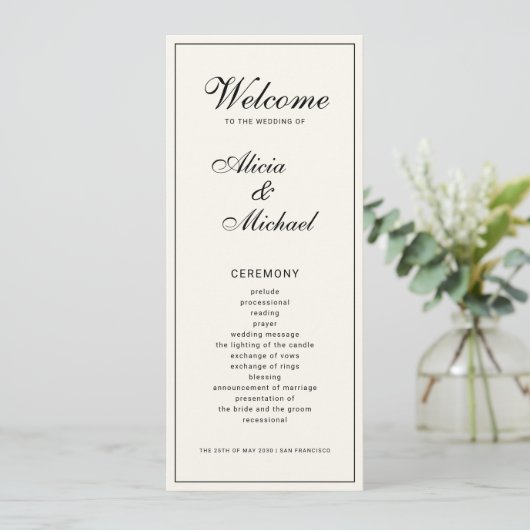 Classic elegant calligraphy black ivory wedding programmakaart (Staand voorkant)