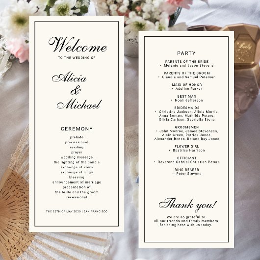 Classic elegant calligraphy black ivory wedding programmakaart