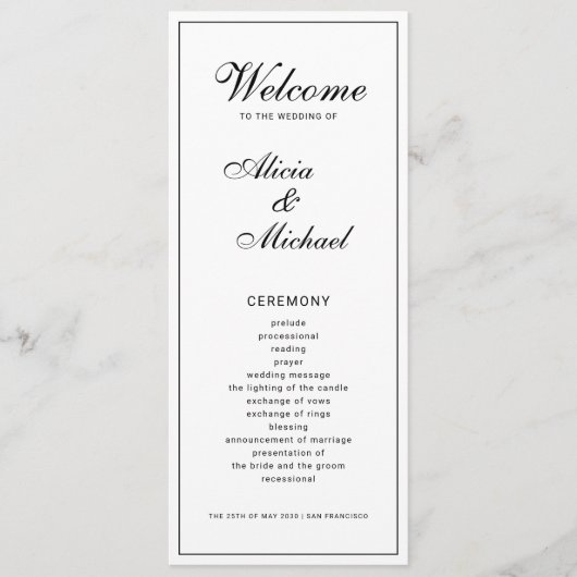 Classic elegant calligraphy black white wedding programmakaart (Voorkant)