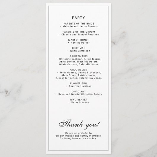 Classic elegant calligraphy black white wedding programmakaart (Achterkant)