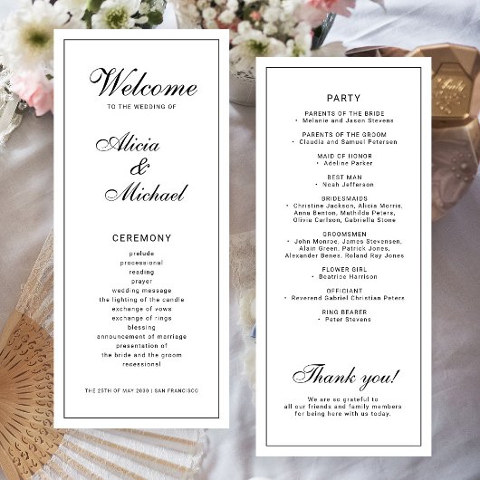 Classic elegant calligraphy black white wedding programmakaart