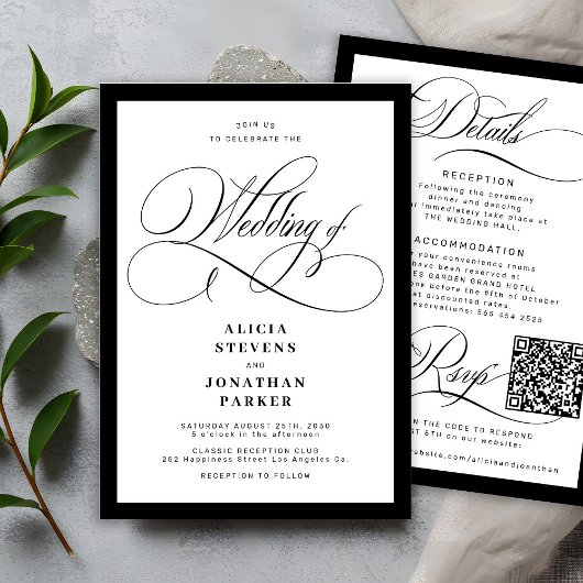 Classic elegant calligraphy QR code wedding Kaart