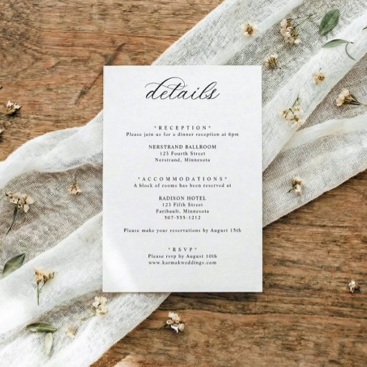 Classic Elegant Calligraphy Wedding Details Informatiekaartje