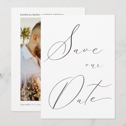 Classic Elegant Calligraphy Wedding Photo Save The Date (Voorkant / Achterkant)