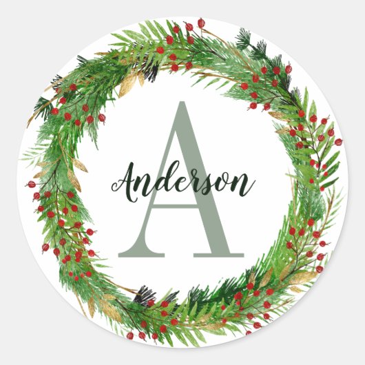 Classic Elegant Christmas Wreath Monogram Initiaal Ronde Sticker (Voorkant)
