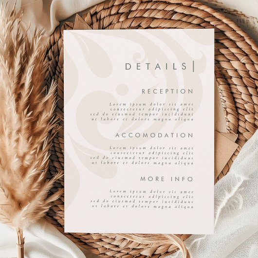 Classic Elegant Cream Sage Damask Wedding Details Informatiekaartje