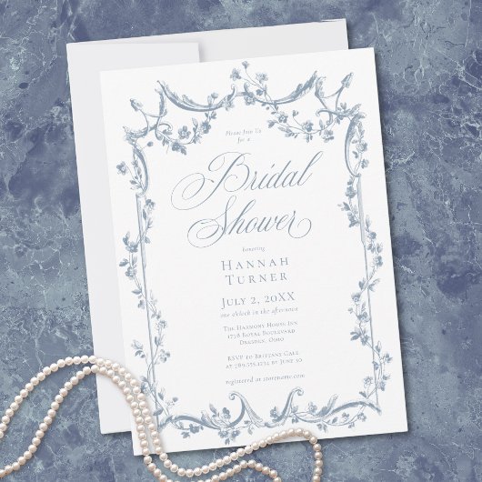 Classic Elegant Dusty Blue Delicate Floral Shower Kaart