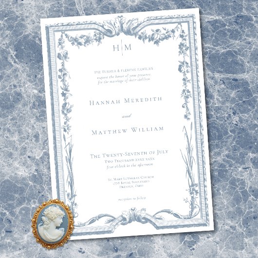 Classic Elegant Dusty Blue Floral Frame Wedding Kaart