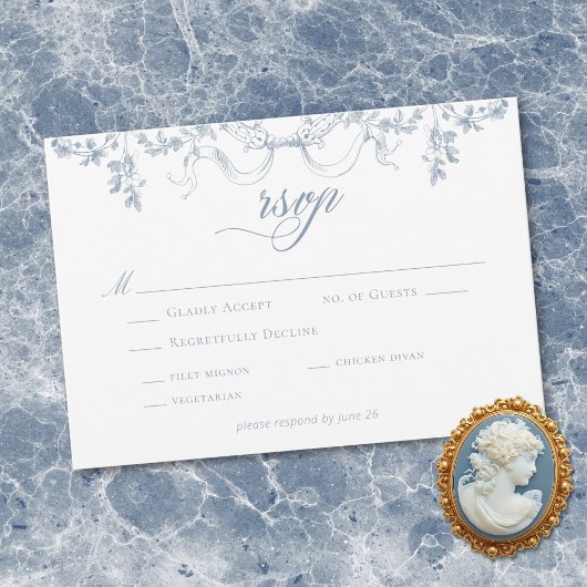 Classic Elegant Dusty Blue Floral Swag Wedding RSVP Kaartje