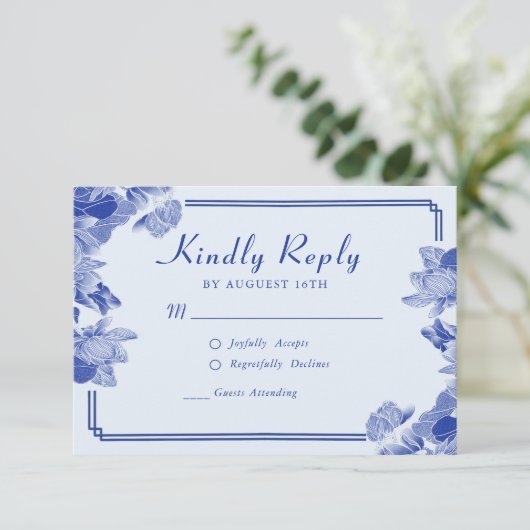 Classic Elegant Dusty Blue Flower Chinoiserie RSVP (Staand voorkant)