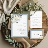 Classic Elegant Dusty Blue Ivory Floral Wedding Kaart