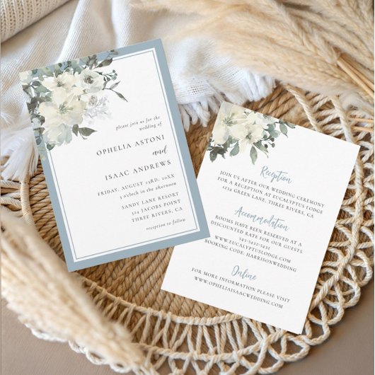Classic Elegant Dusty Blue Ivory Floral Wedding Kaart