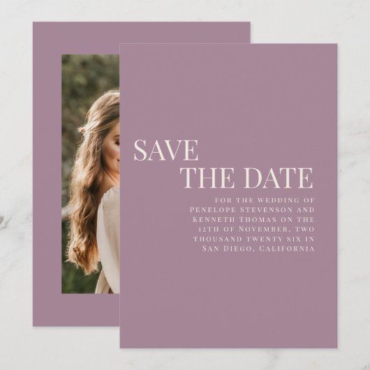 Classic Elegant Dusty Paars Wedding Couple Foto Save The Date (Voorkant / Achterkant)