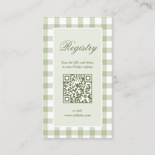 Classic Elegant Green Gingham Baby Shower Registry Informatiekaartje (Voorkant)