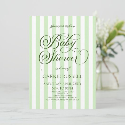 Classic Elegant Green Stripes Baby Shower Kaart (Staand voorkant)