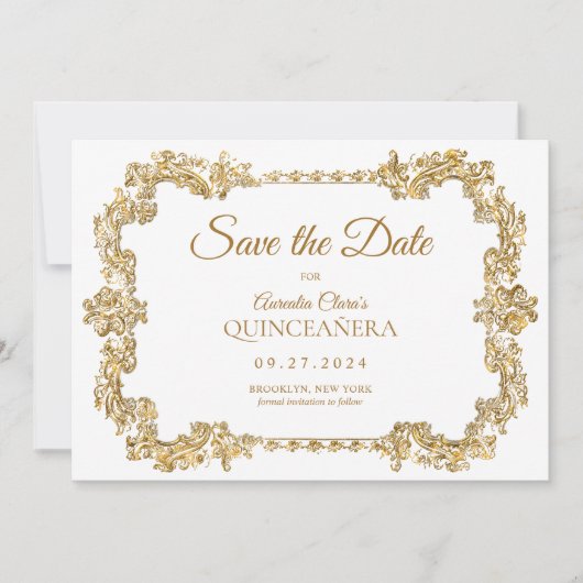 Classic Elegant Ivoor Wit Goud Lijst Quinceanera Aankondiging (Voorkant)