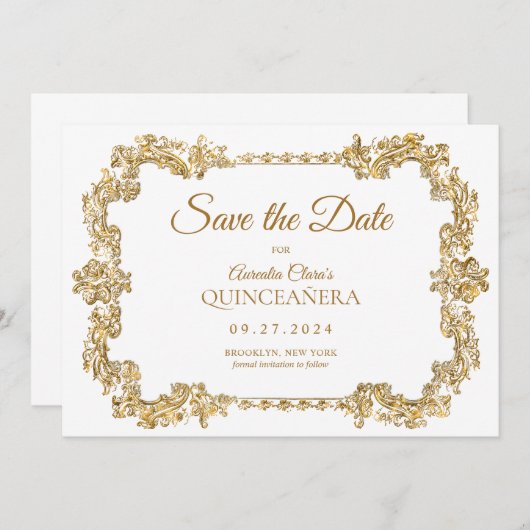 Classic Elegant Ivoor Wit Goud Lijst Quinceanera Aankondiging (Voorkant / Achterkant)