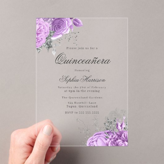 Classic Elegant Lavendel Roos & Silver Quinceanera Acryl Uitnodigingen (Insitu (Draagbaar))