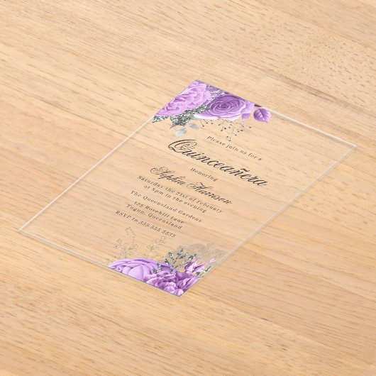 Classic Elegant Lavendel Roos & Silver Quinceanera Acryl Uitnodigingen (Laagn)