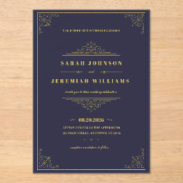 Classic Elegant navy-blue and Gold vintage Wedding Acryl Uitnodigingen