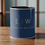 Classic Elegant Navy Blue Gold Minimalist Monogram Tweekleurige Koffiemok<br><div class="desc">Sip in style with this classic elegant navy blue gold minimalist monogram two-tone coffee mug. Featuring a deep navy blue background, sleek gold typography, and a clean modern layout, this personalized mug blends timeless sophistication with everyday functionality. Perfect as a gift for weddings, anniversaries, corporate events, or anyone who loves...</div>