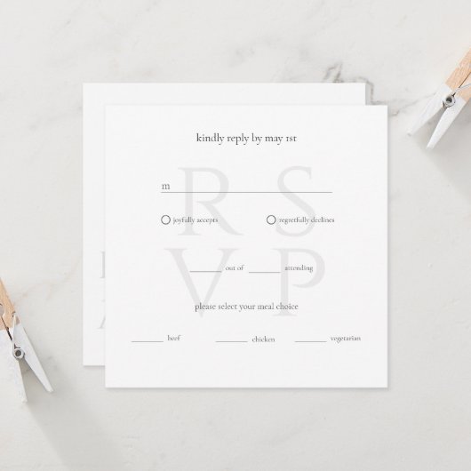Classic Elegant Neutral Wedding RSVP Response Kaar (Voorkant / Achterkant in situ)
