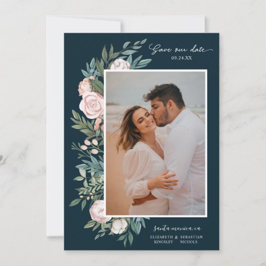 Classic Elegant Painted Floral 2 Foto | Blauwgroen Save The Date (Voorkant)