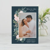 Classic Elegant Painted Floral 2 Foto | Blauwgroen Save The Date (Staand voorkant)