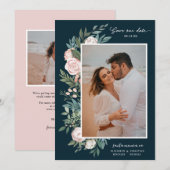 Classic Elegant Painted Floral 2 Foto | Blauwgroen Save The Date (Voorkant / Achterkant)