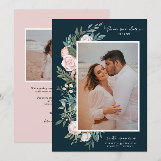 Classic Elegant Painted Floral 2 Foto | Blauwgroen Save The Date (Voorkant / Achterkant)