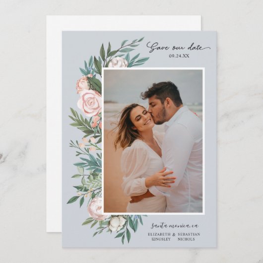 Classic Elegant Painted Floral 2 Foto | Dusty Save The Date (Voorkant / Achterkant)