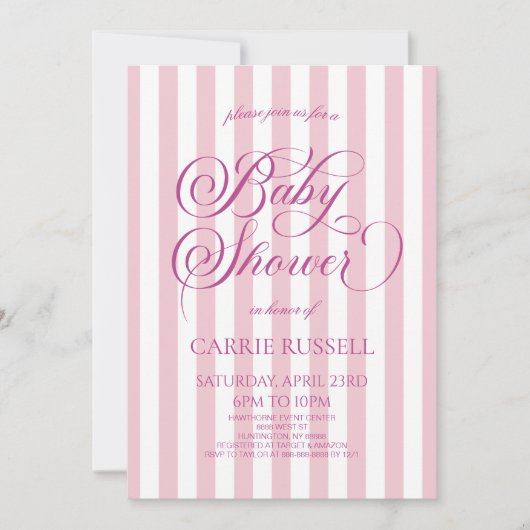 Classic Elegant Pink Stripes Girl Baby Shower Kaart (Voorkant)