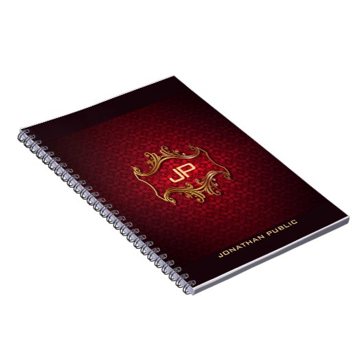 Classic Elegant Red Damask Monogram Sjabloon Notitieboek (Rechterzijde)