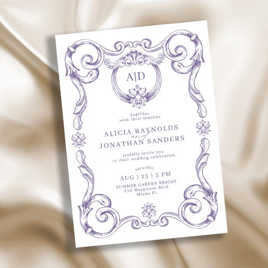 Classic elegant rococo lavender monogram wedding kaart