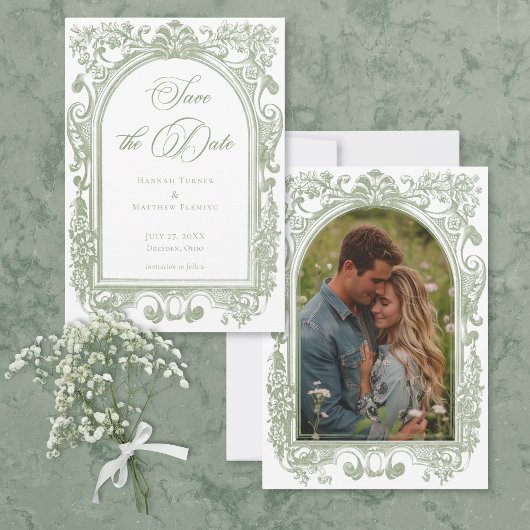 Classic Elegant Sage Arch Frame Photo Wedding Save The Date