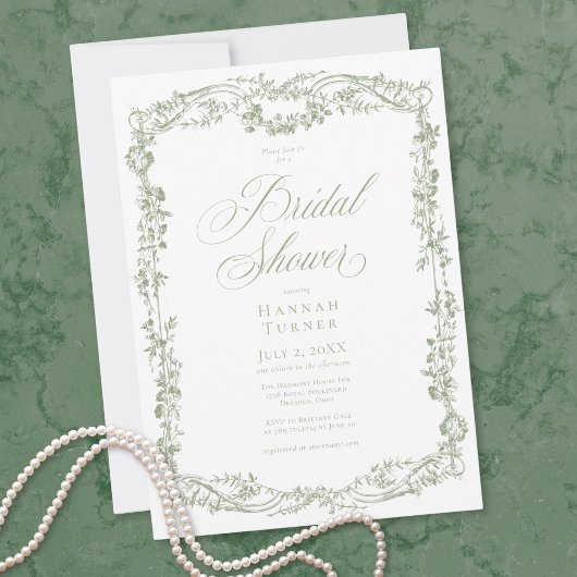 Classic Elegant Sage Floral Frame Bridal Shower Kaart
