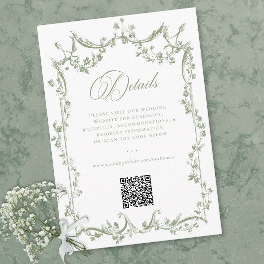 Classic Elegant Sage Green Floral Frame Wedding QR Informatiekaartje