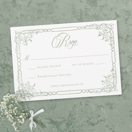 Classic Elegant Sage Green Floral Frame Wedding RSVP Kaartje