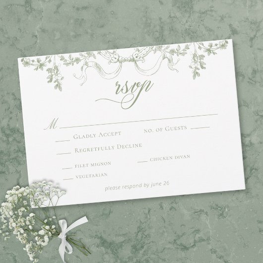 Classic Elegant Sage Green Floral Frame Wedding RSVP Kaartje