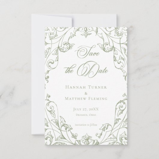 Classic Elegant Sage Green Floral Frame Wedding Save The Date (Voorkant)