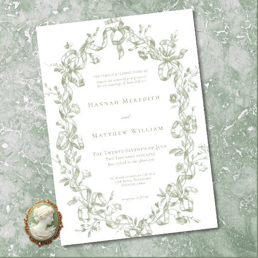 Classic Elegant Sage Oval Ribbon Frame Wedding Kaart