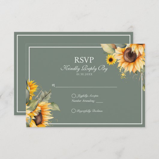 Classic Elegant Sage Waterverf Zonnebloem Bruiloft RSVP Kaartje (Voorkant / Achterkant)