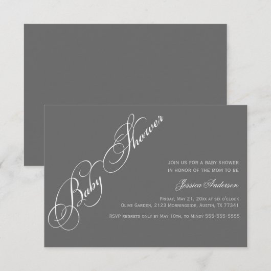 Classic Elegant Script Baby shower Grey Invitation Kaart (Voorkant / Achterkant)