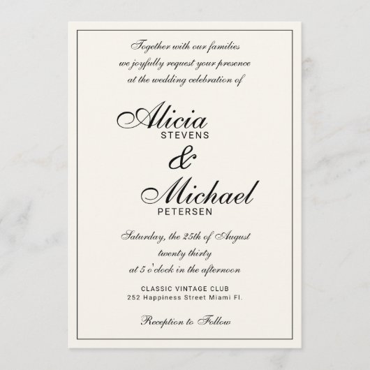 Classic elegant script black and ivory wedding kaart (Voorkant)
