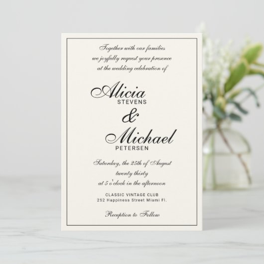 Classic elegant script black and ivory wedding kaart (Staand voorkant)