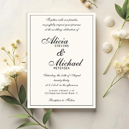 Classic elegant script black and ivory wedding kaart