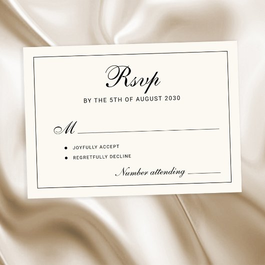Classic elegant script black and ivory wedding RSVP kaartje